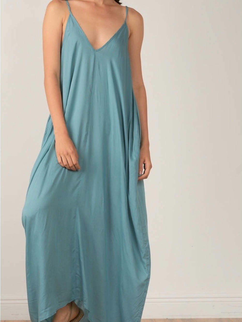 Elan Seafoam Blue-Green V-Neck Maxi Slip Dress